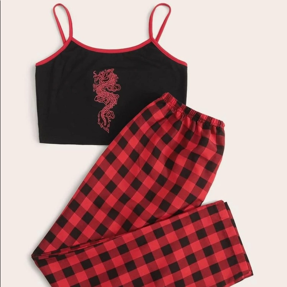Dragon Print Cami Top With Buffalo Plaid Pants PJ Set